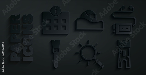 Set Magnifying glass, Museum audio guide, Paint brush, Castle tower, Human skull and Information icon. Vector