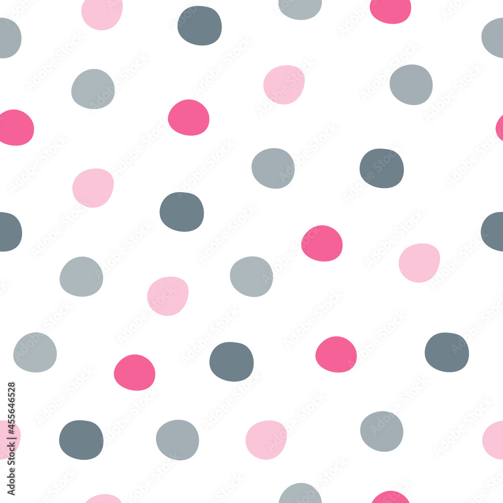 Seamless hand drawn pattern with pink and gray dotted spheres on a white background. Modern and traditional textiles. Wrapping paper. Wall art design.