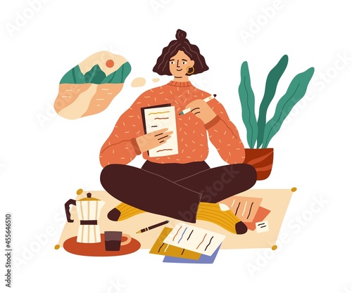 Creative young woman thinking and writing with papers and pens. Writer sitting on floor at home, imagining and creating. Creation process. Flat vector illustration isolated on white background
