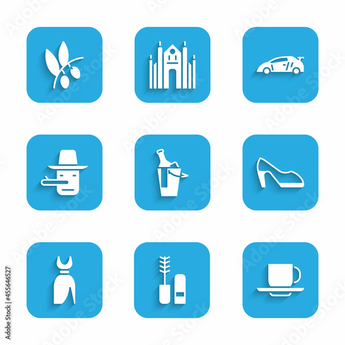 Set Bottle of wine in bucket, Mascara brush, Coffee cup, Woman shoe, dress, Pinocchio, Sport racing and Olives branch icon. Vector