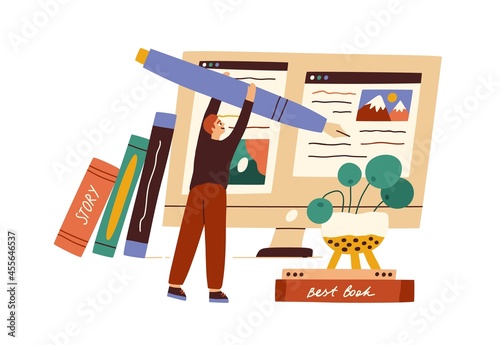 Blogger creating new post at computer. Content manager working with texts for social network. Copywriter writing for online blog. Flat vector illustration of creator isolated on white background