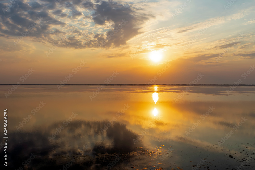 Sunset over Tuzly lagoons national park in Lebedivka, Ukraine