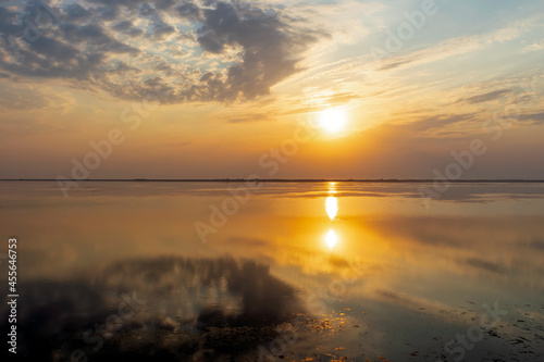 Sunset over Tuzly lagoons national park in Lebedivka, Ukraine