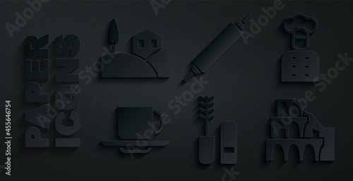 Set Mascara brush, Italian cook, Coffee cup, Coliseum in Rome, Rolling pin and Village landscape icon. Vector