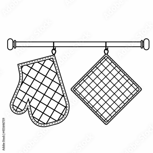 Oven mitt and oven mitt hanging on the rack on hooks, black contour isolated vector illustration in flat style