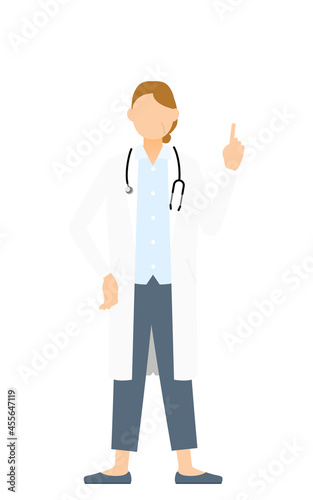 白衣のシニア女性医師が人差し指を立てる・指さしのポーズ