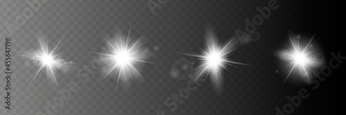 Set. Shining star, the sun particles and sparks with a highlight effect, golden bokeh lights glitter and sequins. On a dark background transparent. Vector,