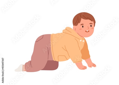 Happy baby crawling. Cute little child moving on his hands and knees. Joyful smiling kid. Portrait of adorable lovely boy. Flat vector illustration isolated on white background