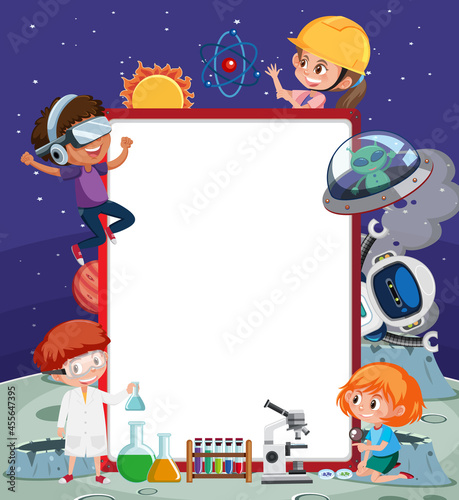 Empty banner with kids in technology theme