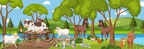 Panorama landscape scene with various farm animals in the forest