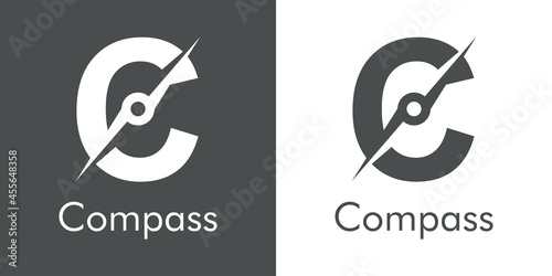 Logotipo con texto Compass con letra inicial C con forma de brújula en fondo gris y fondo blanco