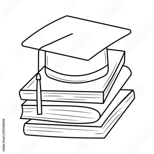 Stack of book with graduation hat, with hand drawn outline vector sketch illustration