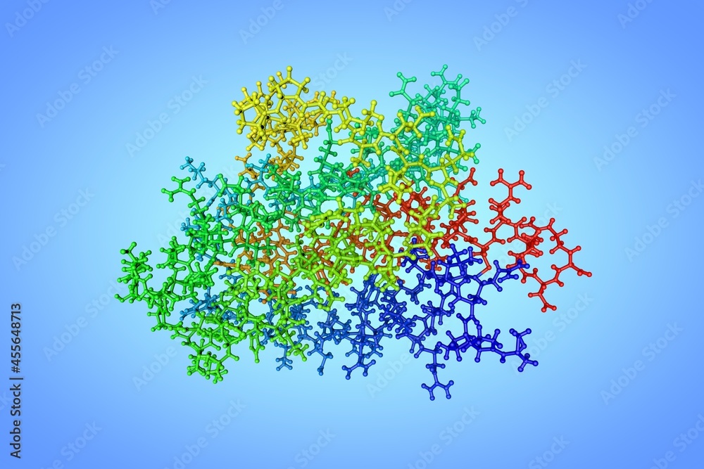 Molecular model of human erythropoietin, protein that stimulates the production of red blood cells. Rendering based on protein data bank. Rainbow coloring from N to C. 3d illustration