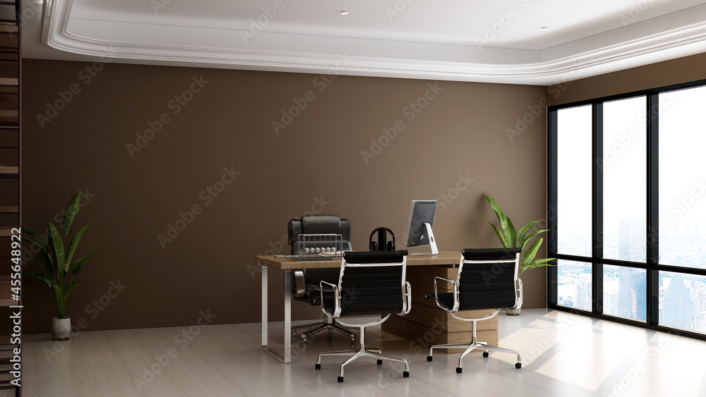 Fototapeta premium modern business office manager room with 3d design interior for company wall logo mockup