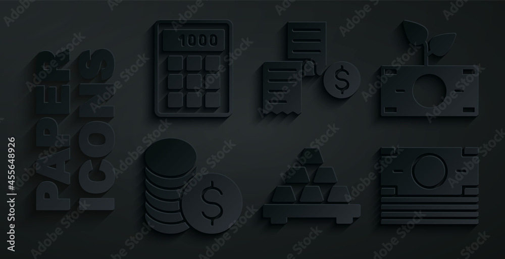 Set Gold bars, Money plant in the pot, Coin money with dollar, Stacks paper cash, Paper or financial check and Calculator icon. Vector