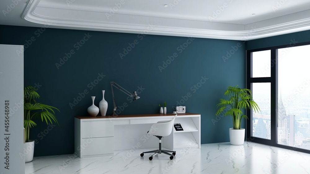 Fototapeta premium office work from home desk setup in 3d render design interior