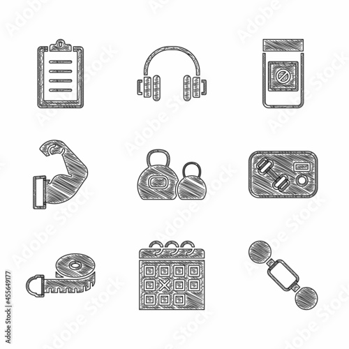 Set Kettlebell, Calendar fitness, Dumbbell, Fitness club, gym card, Tape measure, Bodybuilder muscle, Anabolic drugs and Sport training program icon. Vector