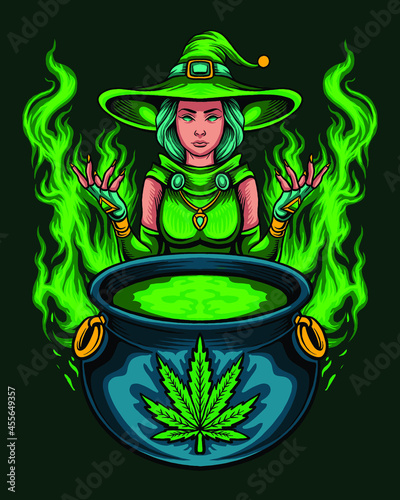 Green marijuana witch with magic spell