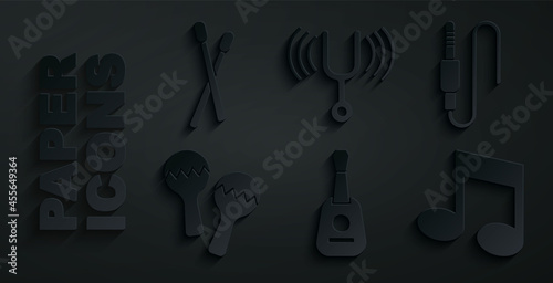 Set Guitar, Audio jack, Maracas, Music note, tone, Musical tuning fork and Drum sticks icon. Vector