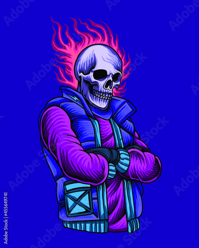 Urban skeleton with fire skull head