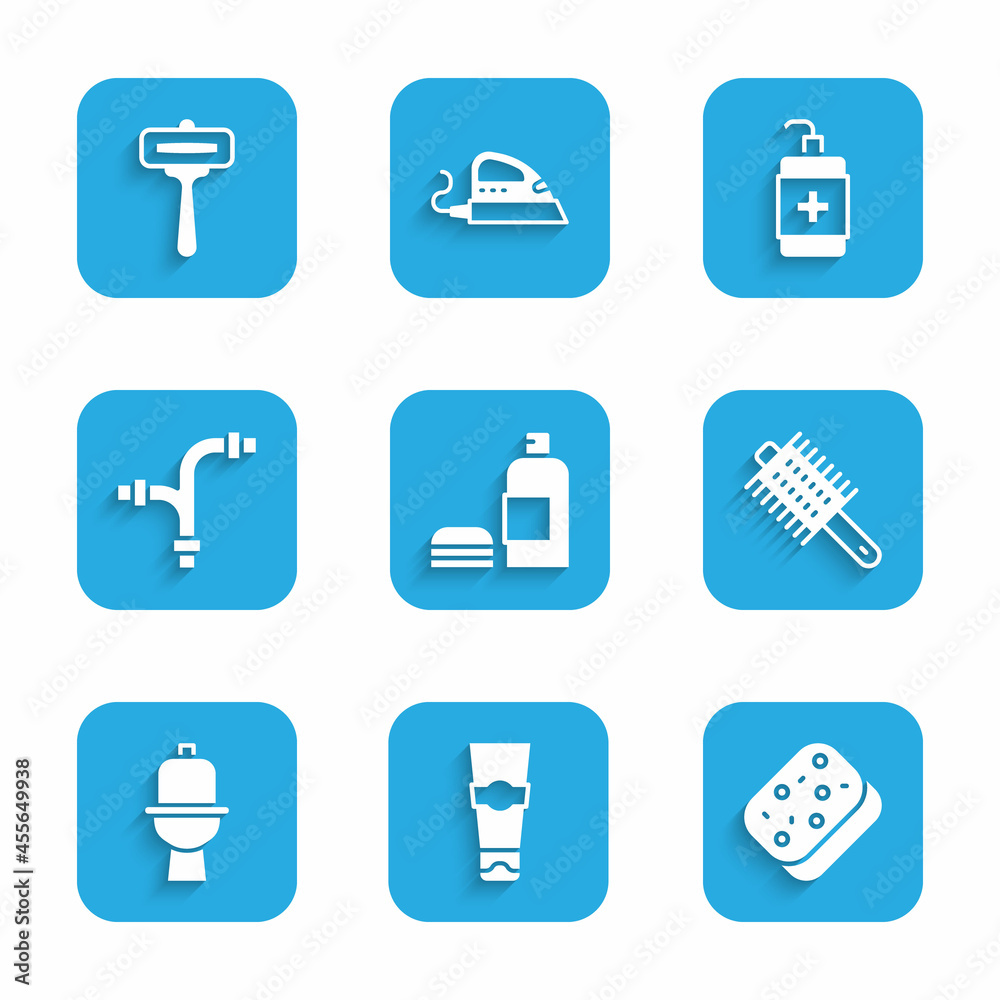 Set Bottle of shampoo, Tube toothpaste, Sponge, Hairbrush, Toilet bowl, Industry metallic pipe, Hand sanitizer bottle and Shaving razor icon. Vector Set Bottle of shampoo, Tube toothpaste, Sponge, Hairbrush, Toilet bowl, Industry metallic pipe, Hand sanitizer bottle and Shaving razor icon. Vector