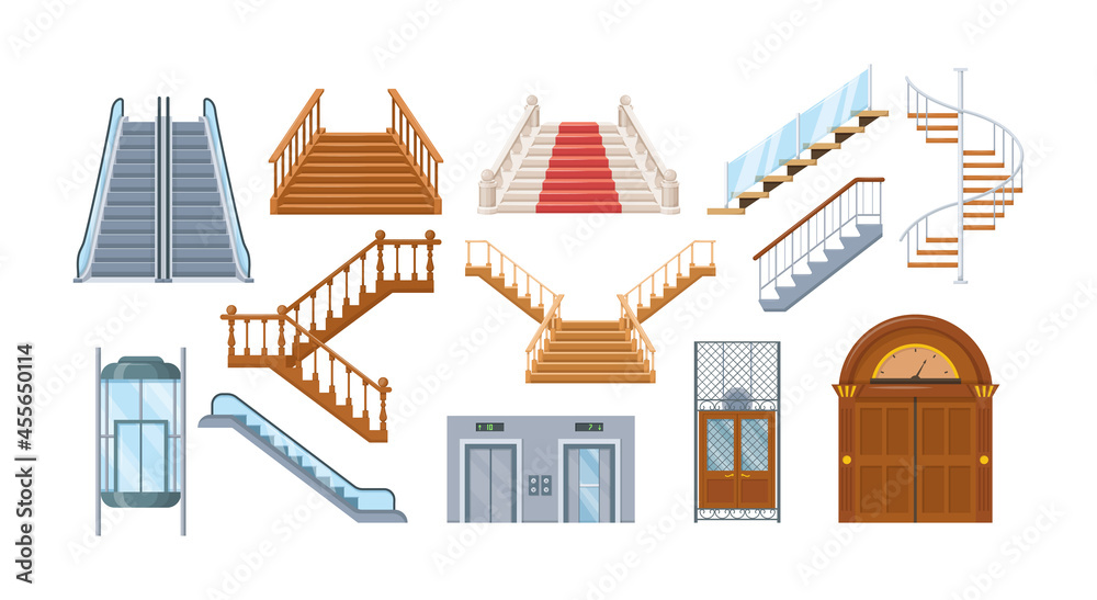 Wooden and metal staircase with handrails. Wooden staircases with a fence, spiral staircase, store escalator, floor to floor ladder.