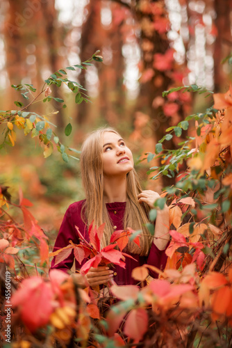 Portrait of a girl in a burgundy dress in an autumn forest. Red and orange leaves all around.