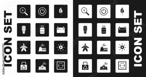 Set Leaf or leaves, Propane gas tank, LED light bulb, Lightning bolt, Car battery, Power button, Solar energy panel and Electric tower icon. Vector