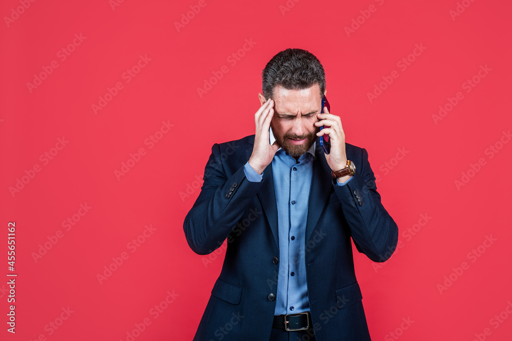 unhappy man in fashionable business wear speaking on phone, conversation unhappy man in fashionable business wear speaking on phone, conversation