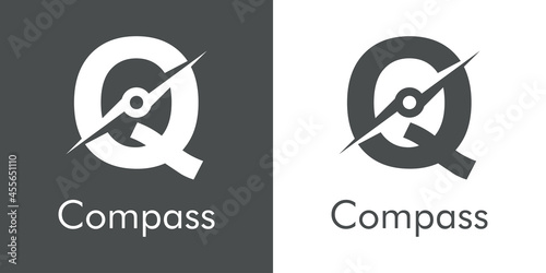 Logotipo con texto Compass con letra inicial Q con forma de brújula en fondo gris y fondo blanco