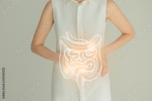 Woman in white clothes holding virtual intestine in hand. Handrawn human organ, detox and healthcare, healthcare hospital service concept stock photo photo