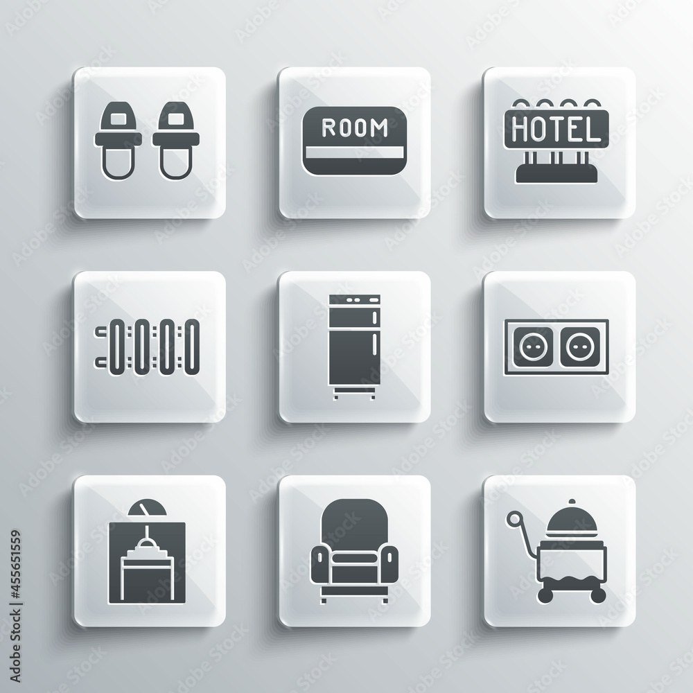 Set Armchair, Covered with tray, Electrical outlet, Refrigerator, Lift, Heating radiator, Hotel slippers and Signboard text icon. Vector