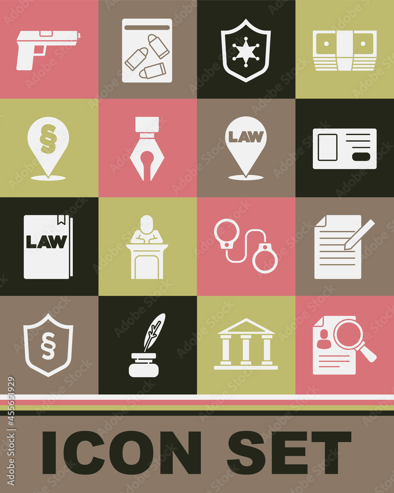 Set Paper analysis magnifying, Document and pen, Identification badge, Police, Fountain nib, Location law, Pistol or gun and icon. Vector Set Paper analysis magnifying, Document and pen, Identification badge, Police, Fountain nib, Location law, Pistol or gun and icon. Vector