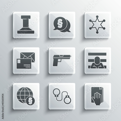 Set Handcuffs, Oath on the Holy Bible, Prisoner, Pistol or gun, International law, Envelope, Stamp and Hexagram sheriff icon. Vector