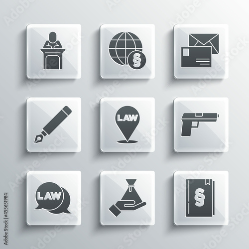 Set Bribe money bag, Law book, Pistol or gun, Location law, Fountain pen nib, Judge and Envelope icon. Vector