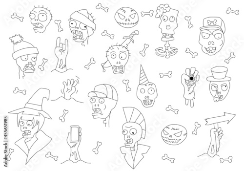Set of vector illustrations with graphic design elements on the theme of Halloween. Zombies and zombie hands