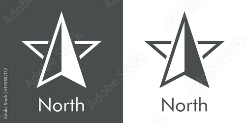 Logotipo con texto North con silueta de flecha de brújula con forma de estrella con lineas en fondo gris y fondo blanco