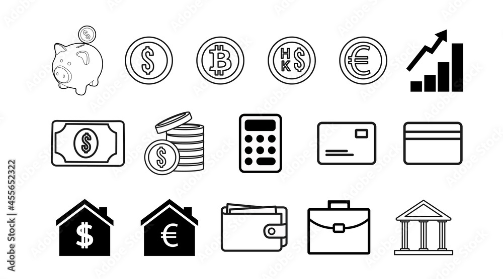 Money icon and finance icon set. Vector isolated editable illustration set Money icon and finance icon set. Vector isolated editable illustration set