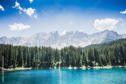 Lake Carezza with Mount Latemar, Bolzano province, South tyrol, Italy photo