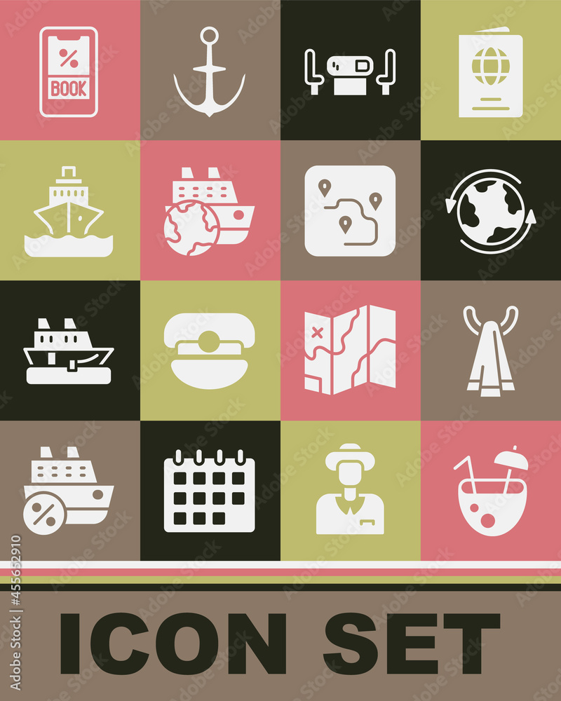 Set Coconut cocktail, Towel hanger, Worldwide, Poker table, Cruise ship, ticket and Route location icon. Vector