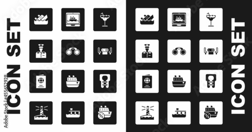 Set Cocktail, Binoculars, Captain of ship, Sinking cruise, Poker table, Cruise, Life jacket and Passport icon. Vector