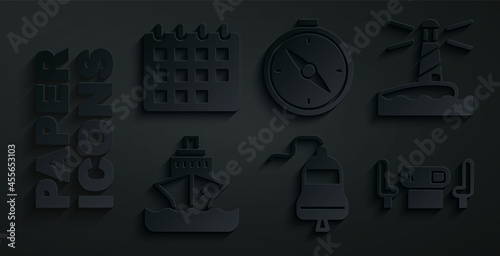 Set Ship bell, Lighthouse, Cruise ship, Poker table, Compass and Calendar icon. Vector