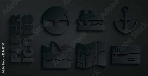 Set Folded map, Anchor, Shark fin in ocean wave, Postcard travel, Cruise ship and Glasses icon. Vector