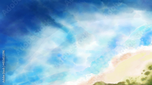 Vector illustration of tropical beach in daytime. Hand painted watercolor background.