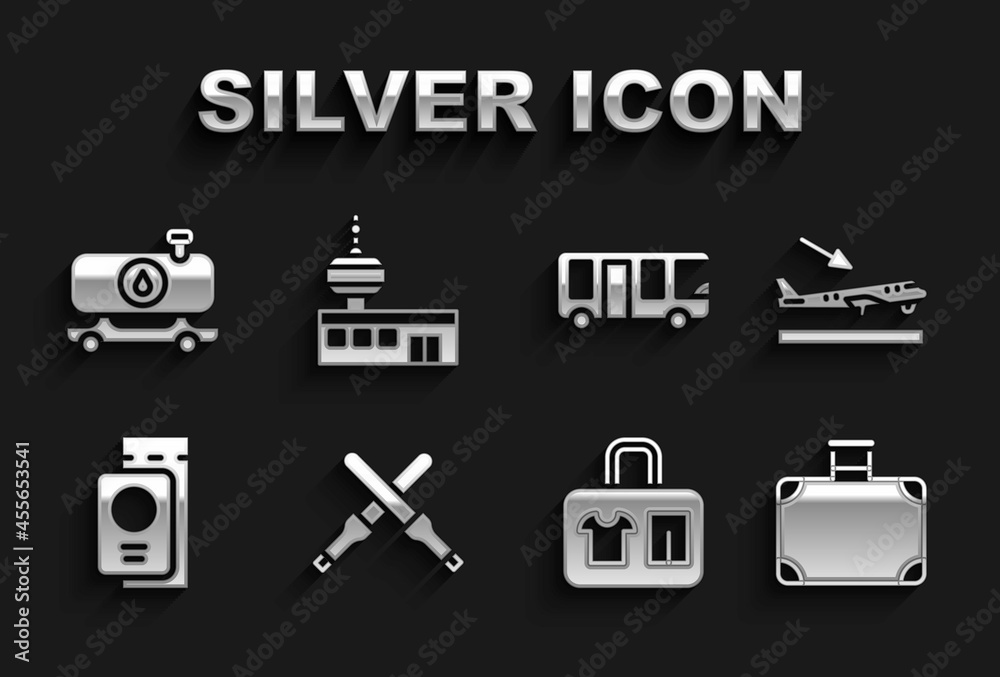 Set Marshalling wands, Plane landing, Suitcase, Passport with ticket, Airport bus, Fuel tanker truck and control tower icon. Vector Set Marshalling wands, Plane landing, Suitcase, Passport with ticket, Airport bus, Fuel tanker truck and control tower icon. Vector