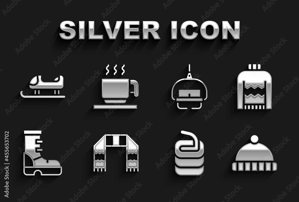 Set Winter scarf, Christmas sweater, hat, Stone for curling, Waterproof rubber boot, Ski lift, Sled and Hot chocolate cup icon. Vector Set Winter scarf, Christmas sweater, hat, Stone for curling, Waterproof rubber boot, Ski lift, Sled and Hot chocolate cup icon. Vector