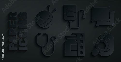 Set Pills in blister pack, Pillow, Stethoscope, Hearing aid, IV bag and Yarn ball with knitting needles icon. Vector