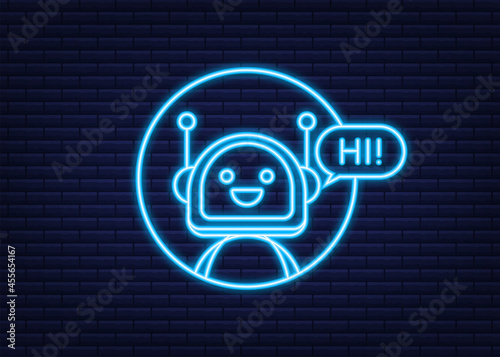 Robot neon icon. Bot sign design. Chatbot symbol concept. Voice support service bot. Online support bot. Vector illustration.