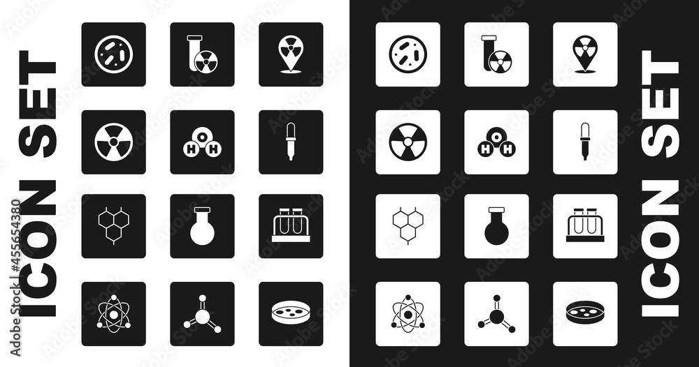 Set Radioactive in location, Chemical formula for H2O, Petri dish with bacteria, Pipette, Test tube radiation, and flask and icon. Vector Set Radioactive in location, Chemical formula for H2O, Petri dish with bacteria, Pipette, Test tube radiation, and flask and icon. Vector