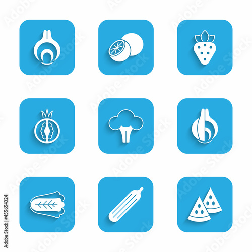 Set Broccoli, Fresh cucumber, Watermelon, Onion, Cabbage, Tomato, Strawberry and icon. Vector